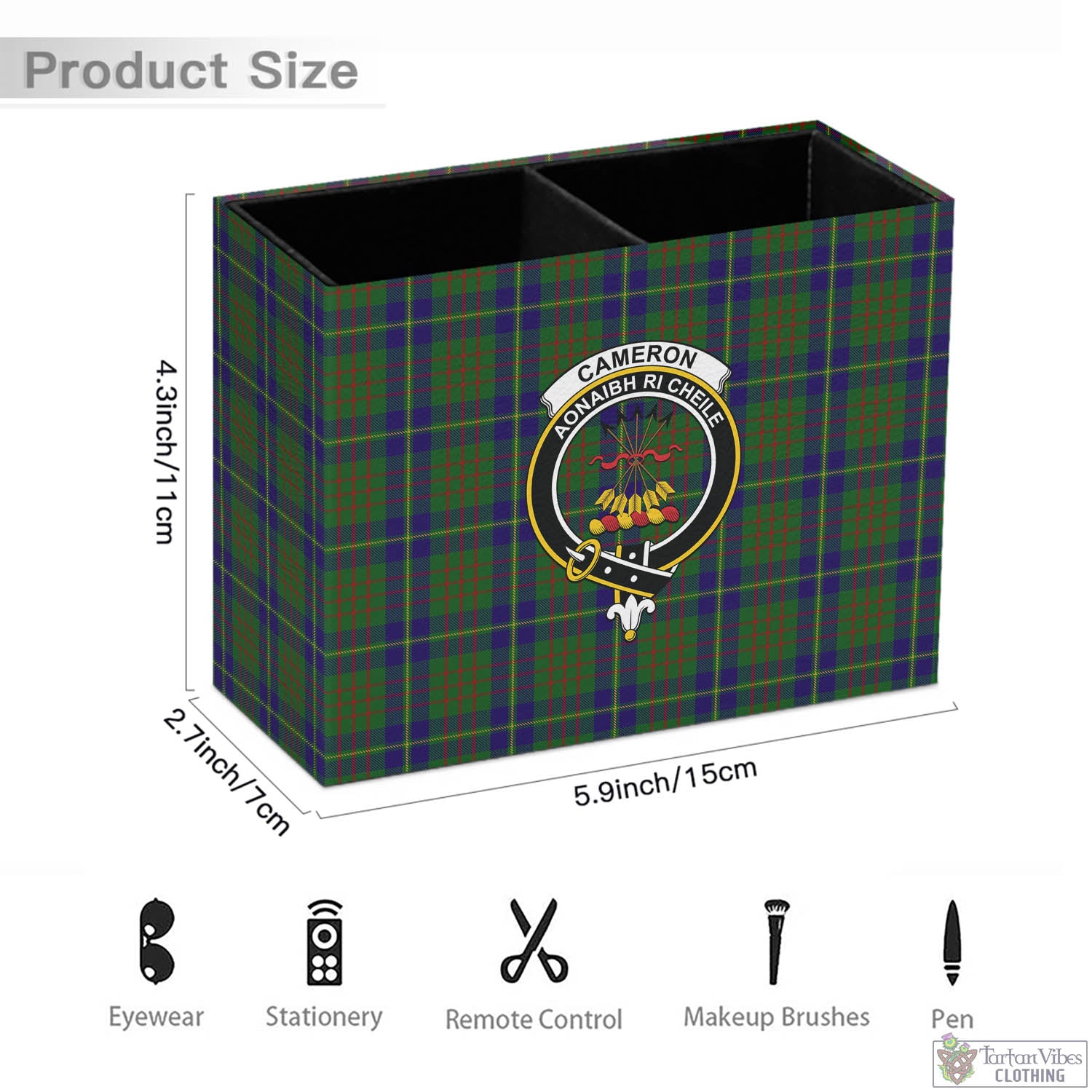 Tartan Vibes Clothing Cameron of Lochiel Hunting Tartan Pen Holder with Family Crest