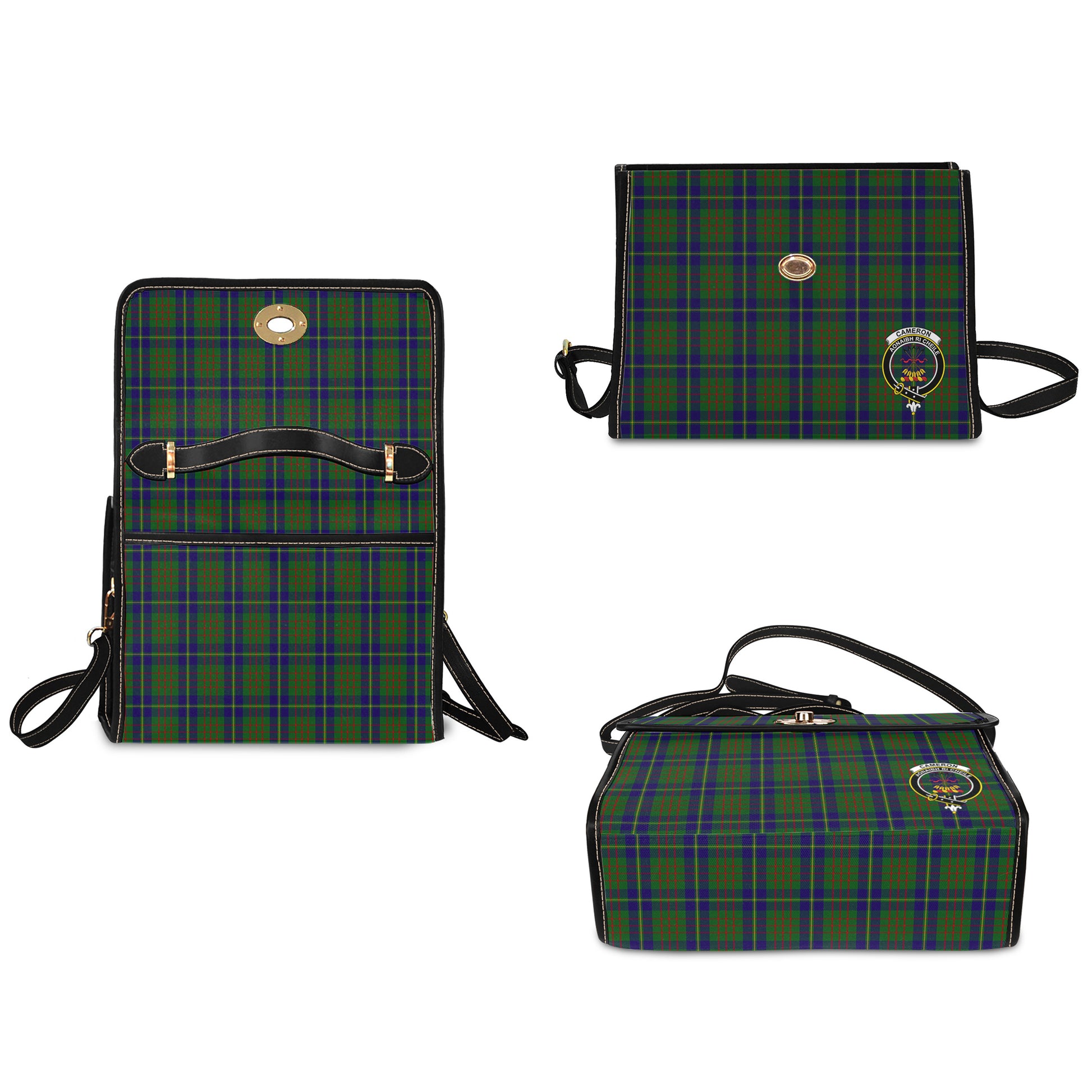 cameron-of-lochiel-hunting-tartan-leather-strap-waterproof-canvas-bag-with-family-crest