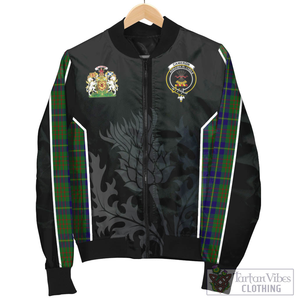 Tartan Vibes Clothing Cameron of Lochiel Hunting Tartan Bomber Jacket with Family Crest and Scottish Thistle Vibes Sport Style