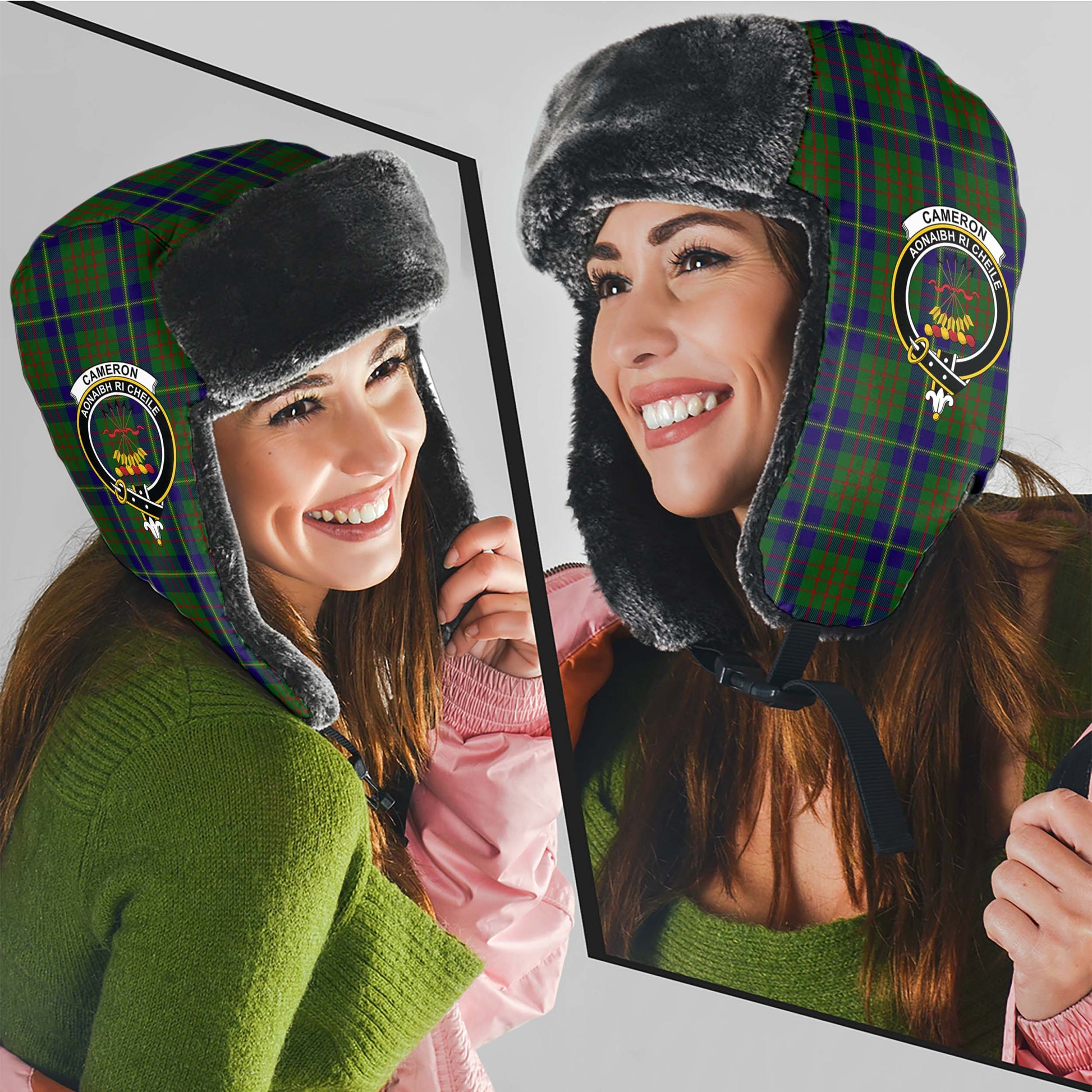 Cameron of Lochiel Hunting Tartan Winter Trapper Hat with Family Crest - Tartanvibesclothing