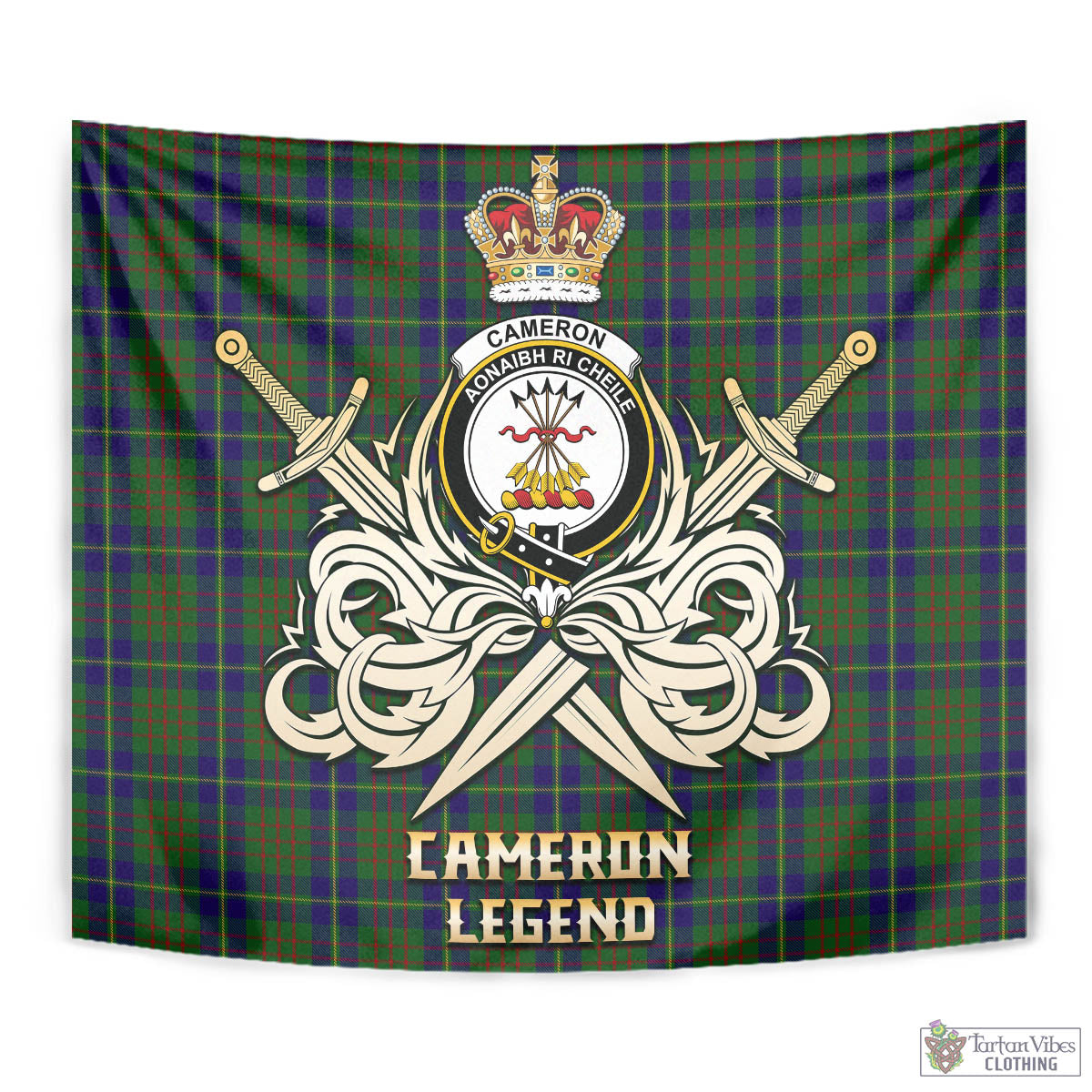 Tartan Vibes Clothing Cameron of Lochiel Hunting Tartan Tapestry with Clan Crest and the Golden Sword of Courageous Legacy