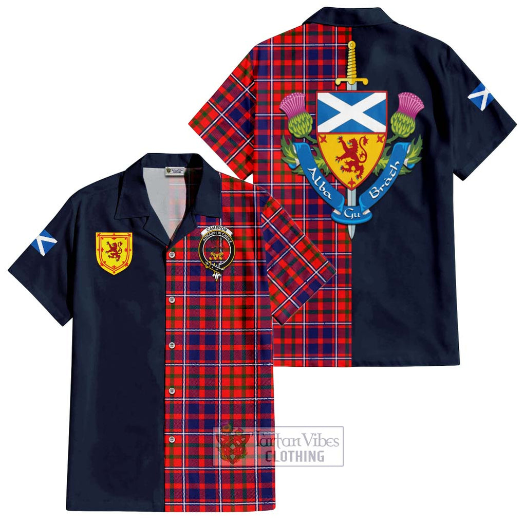 Tartan Vibes Clothing Cameron of Lochiel Modern Tartan Short Sleeve Button Shirt with Scottish Lion Royal Arm Half Style