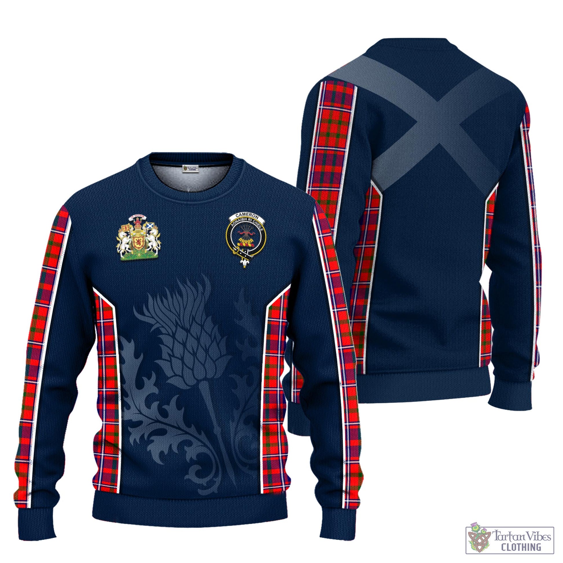 Tartan Vibes Clothing Cameron of Lochiel Modern Tartan Knitted Sweatshirt with Family Crest and Scottish Thistle Vibes Sport Style