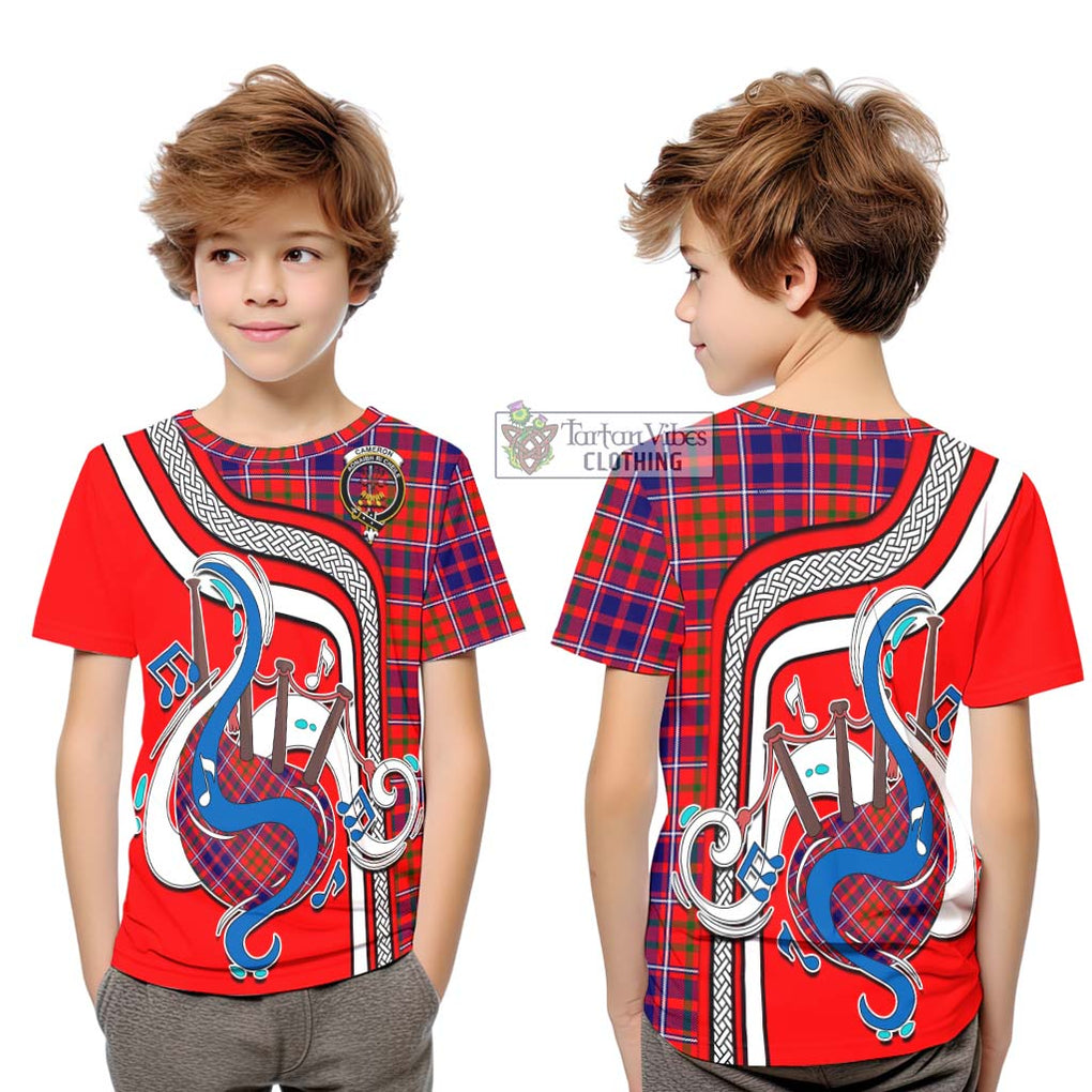 Tartan Vibes Clothing Cameron of Lochiel Modern Tartan Kid T-Shirt with Epic Bagpipe Style