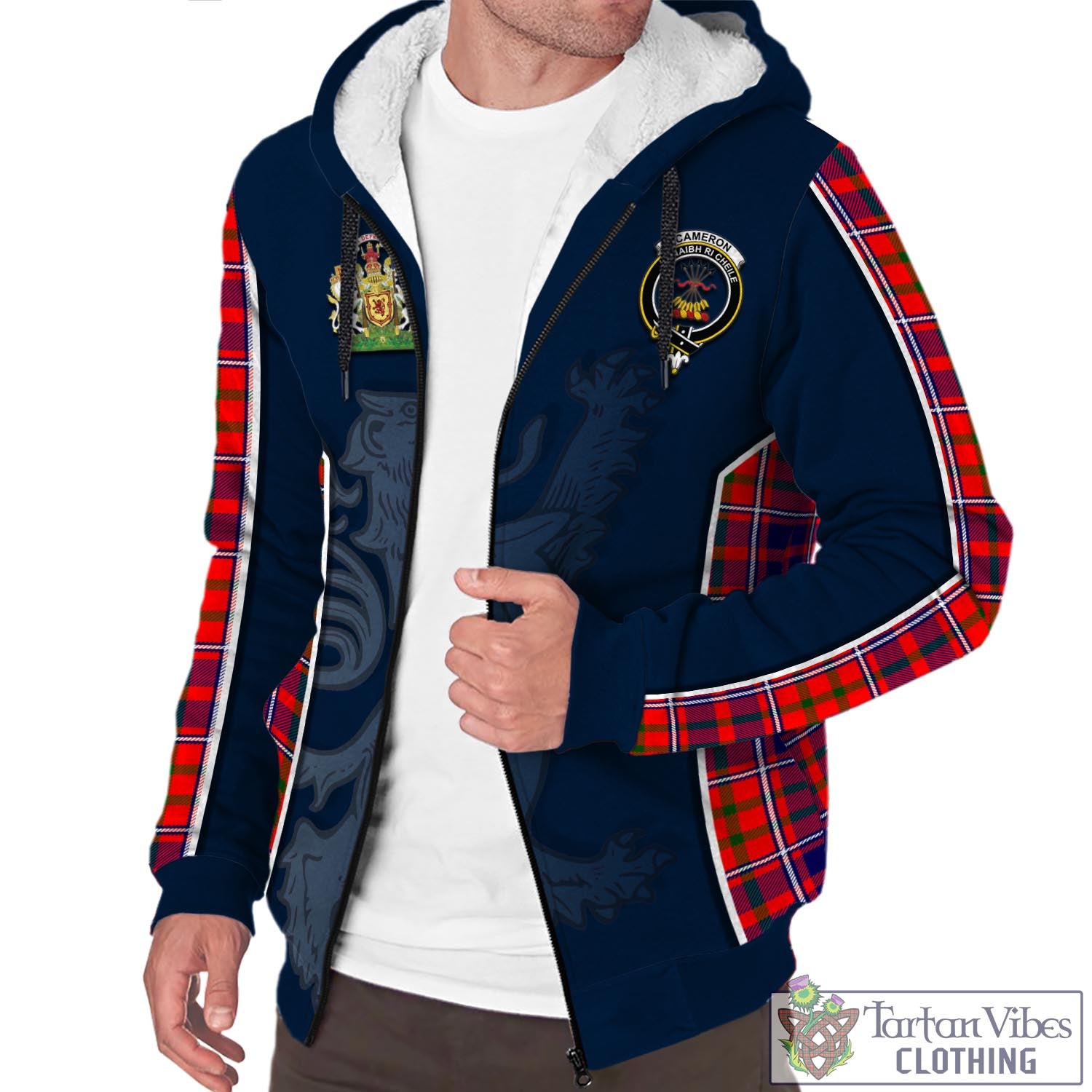 Tartan Vibes Clothing Cameron of Lochiel Modern Tartan Sherpa Hoodie with Family Crest and Lion Rampant Vibes Sport Style