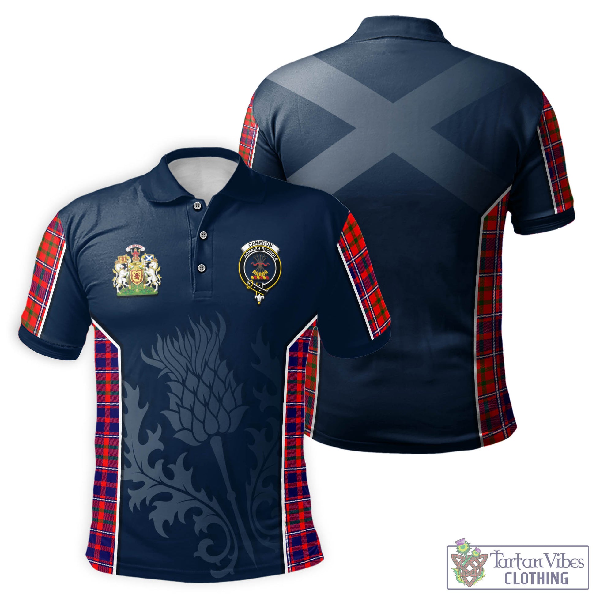 Tartan Vibes Clothing Cameron of Lochiel Modern Tartan Men's Polo Shirt with Family Crest and Scottish Thistle Vibes Sport Style