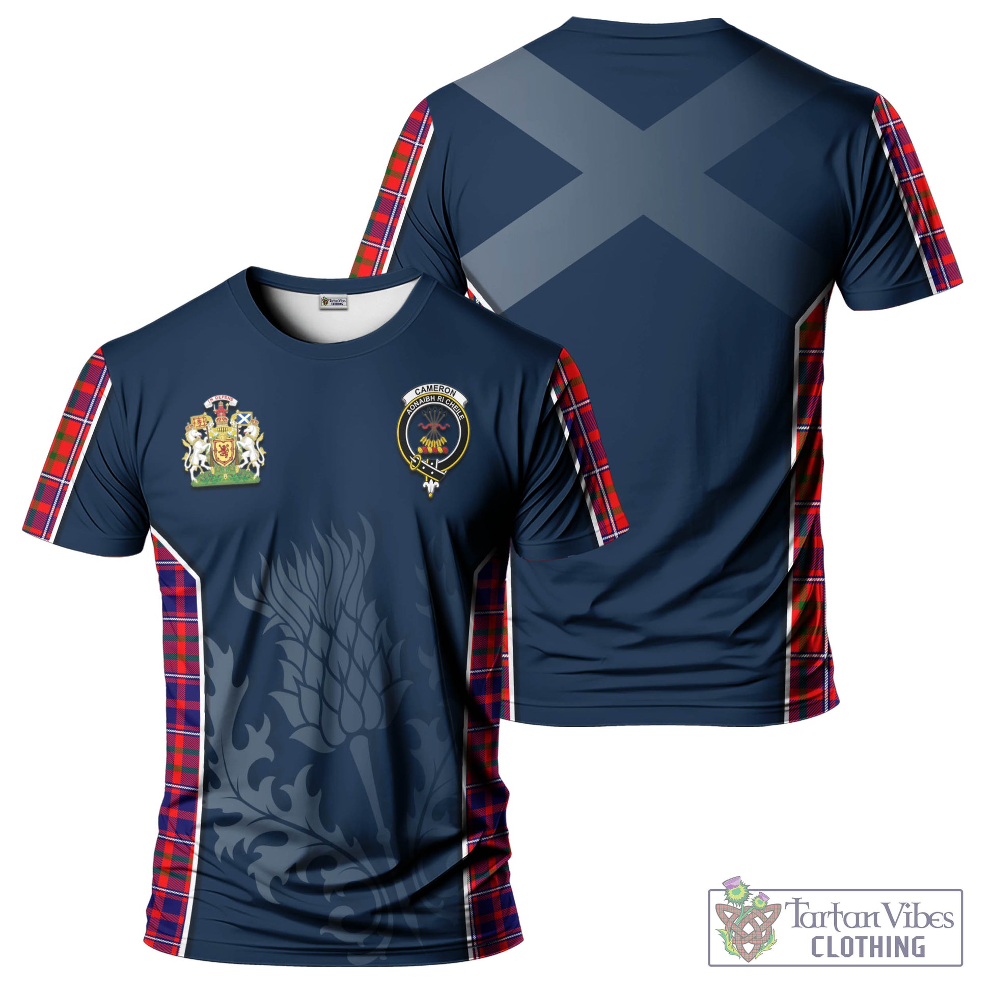 Tartan Vibes Clothing Cameron of Lochiel Modern Tartan T-Shirt with Family Crest and Scottish Thistle Vibes Sport Style