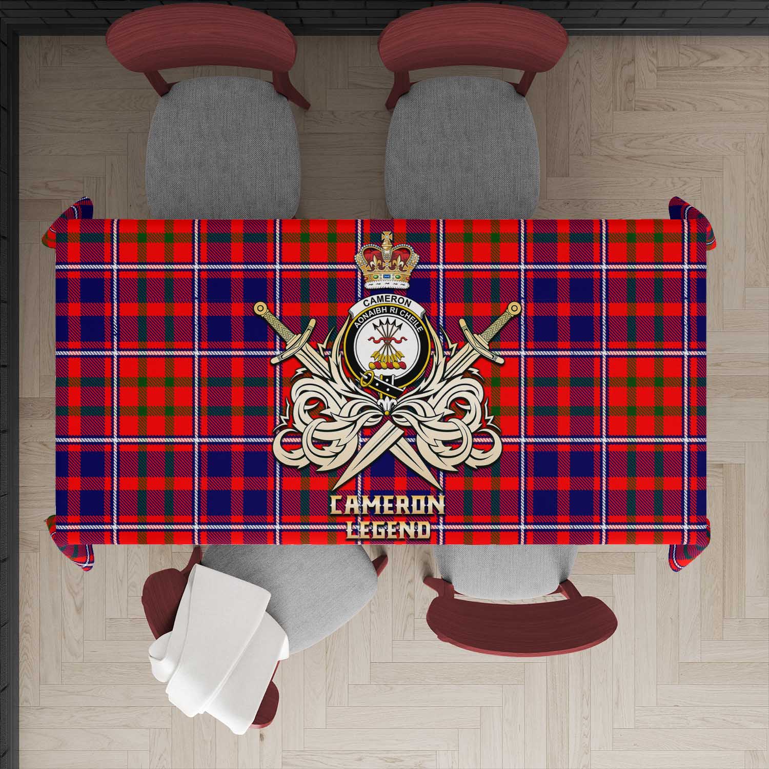 Tartan Vibes Clothing Cameron of Lochiel Modern Tartan Tablecloth with Clan Crest and the Golden Sword of Courageous Legacy