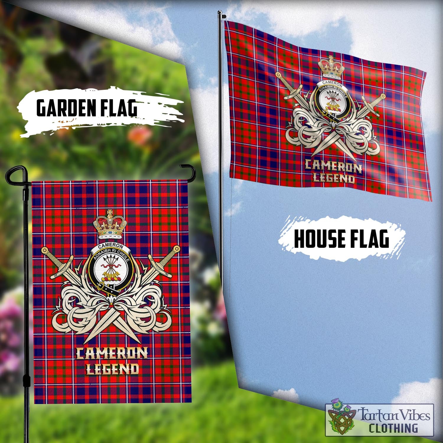 Tartan Vibes Clothing Cameron of Lochiel Modern Tartan Flag with Clan Crest and the Golden Sword of Courageous Legacy