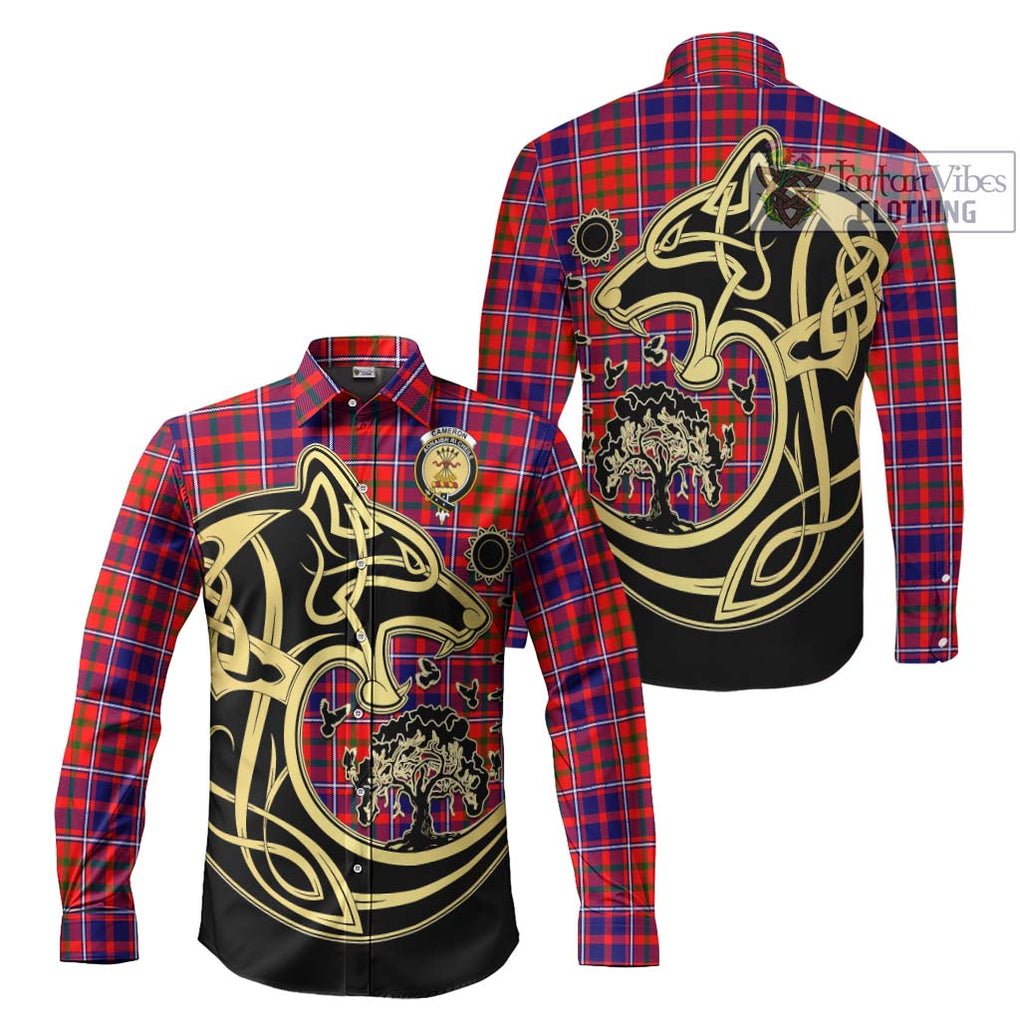 Cameron of Lochiel Modern Tartan Long Sleeve Button Shirt with Family Crest Celtic Wolf Style Men's Shirt S - Tartan Vibes Clothing