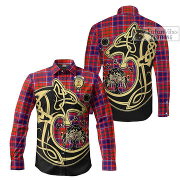 Cameron of Lochiel Modern Tartan Long Sleeve Button Shirt with Family Crest Celtic Wolf Style