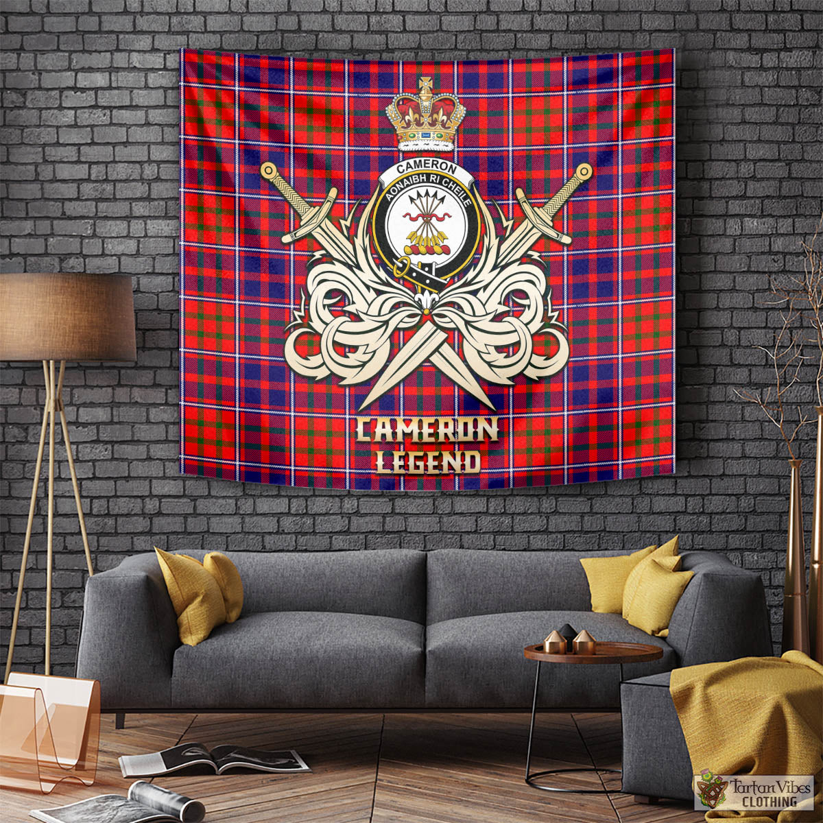 Tartan Vibes Clothing Cameron of Lochiel Modern Tartan Tapestry with Clan Crest and the Golden Sword of Courageous Legacy