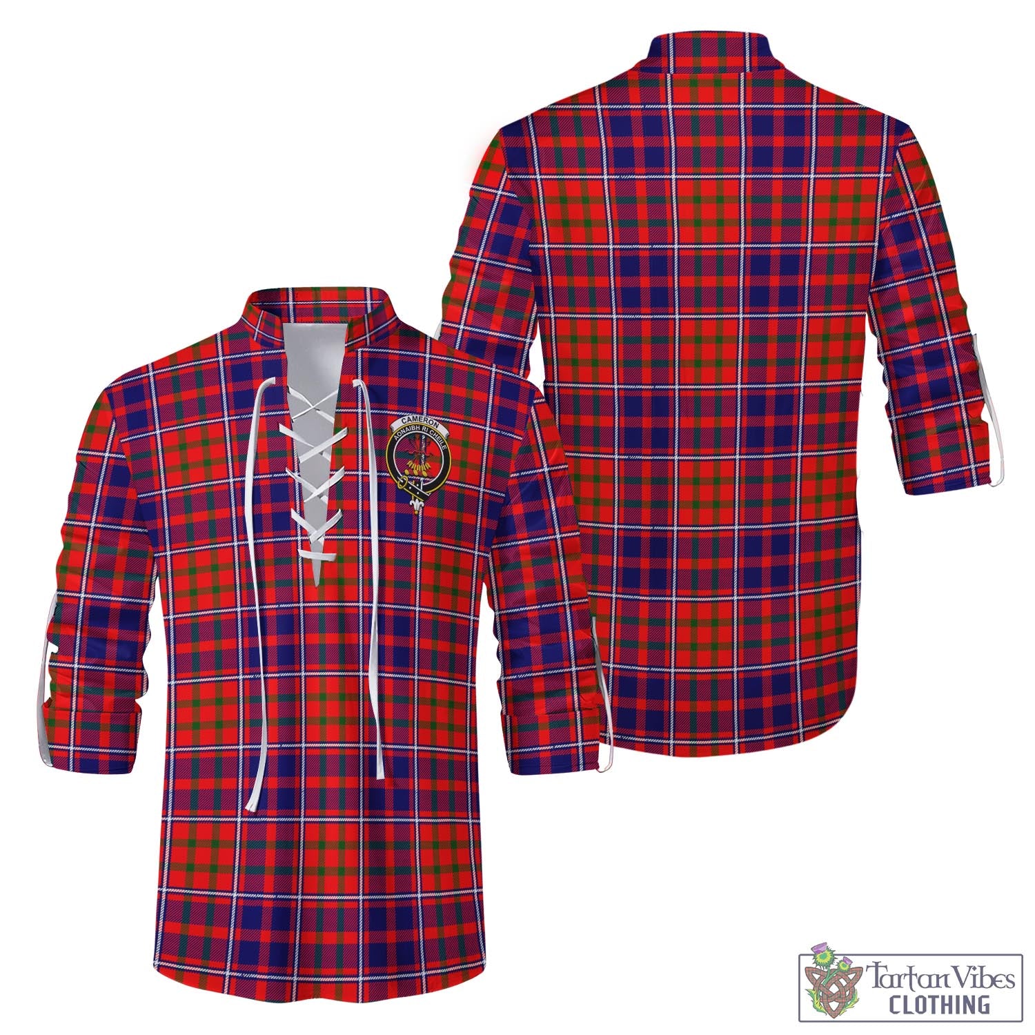 Tartan Vibes Clothing Cameron of Lochiel Modern Tartan Men's Scottish Traditional Jacobite Ghillie Kilt Shirt with Family Crest