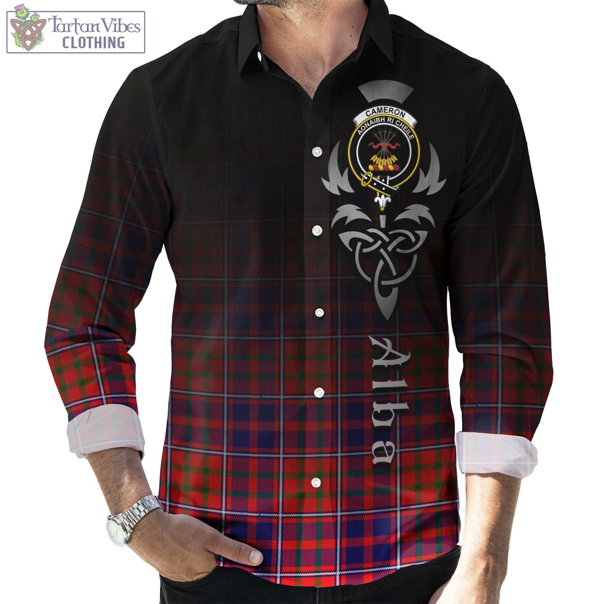 Tartan Vibes Clothing Cameron of Lochiel Modern Tartan Long Sleeve Button Up Featuring Alba Gu Brath Family Crest Celtic Inspired