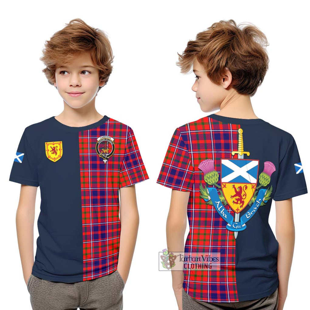 Tartan Vibes Clothing Cameron of Lochiel Modern Tartan Kid T-Shirt with Scottish Lion Royal Arm Half Style