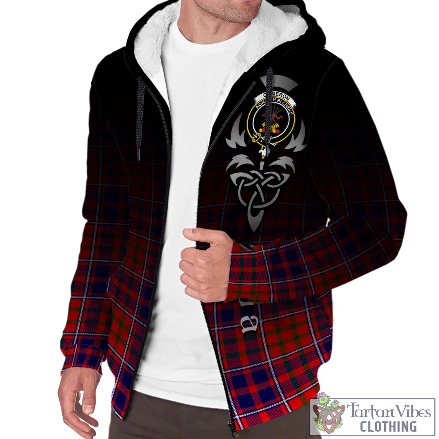 Tartan Vibes Clothing Cameron of Lochiel Modern Tartan Sherpa Hoodie Featuring Alba Gu Brath Family Crest Celtic Inspired