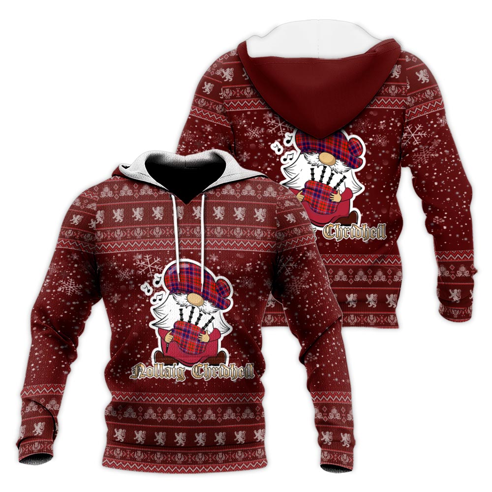 Cameron of Lochiel Modern Clan Christmas Knitted Hoodie with Funny Gnome Playing Bagpipes Red - Tartanvibesclothing