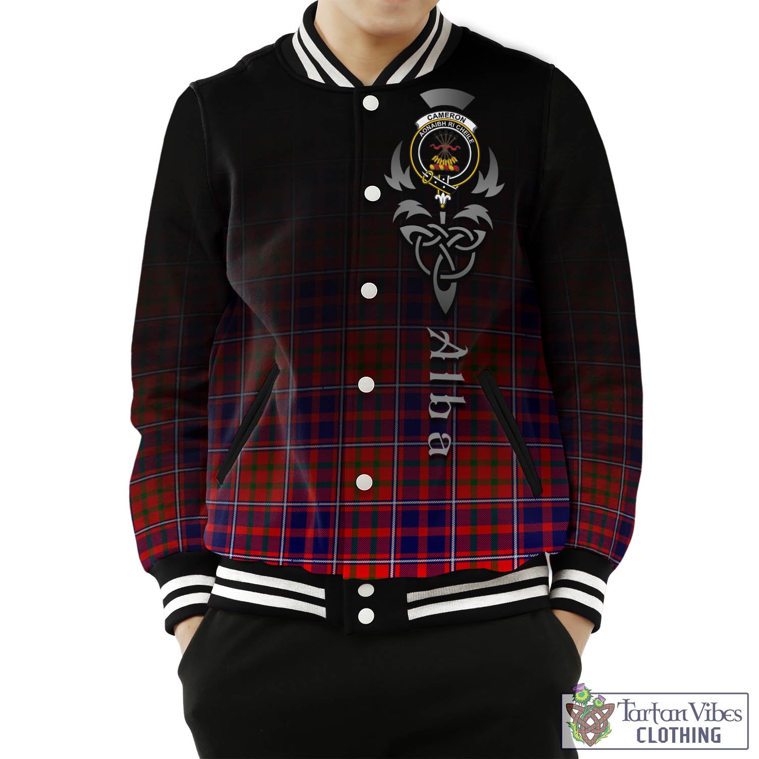 Tartan Vibes Clothing Cameron of Lochiel Modern Tartan Baseball Jacket Featuring Alba Gu Brath Family Crest Celtic Inspired