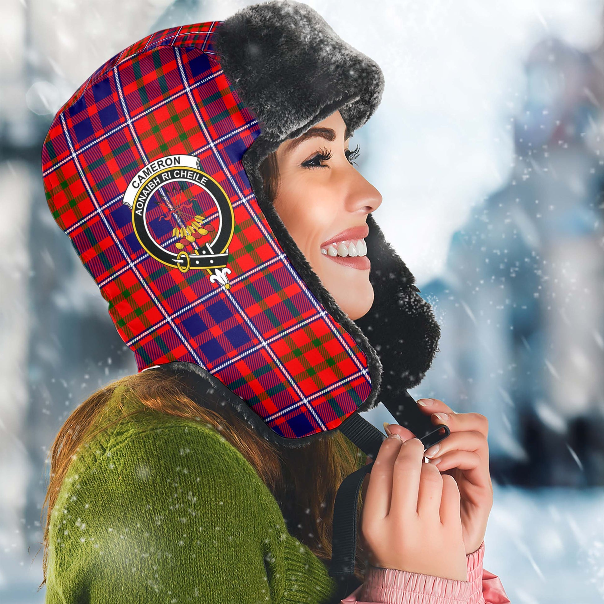 Cameron of Lochiel Modern Tartan Winter Trapper Hat with Family Crest Winter Trapper Hat Universal Fit Circumference 22.8in (58cm) - Tartanvibesclothing