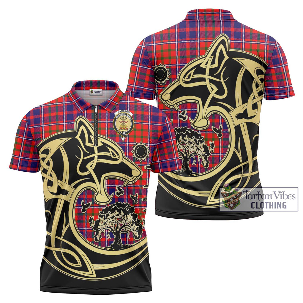 Cameron of Lochiel Modern Tartan Zipper Polo Shirt with Family Crest Celtic Wolf Style Unisex - Tartanvibesclothing Shop