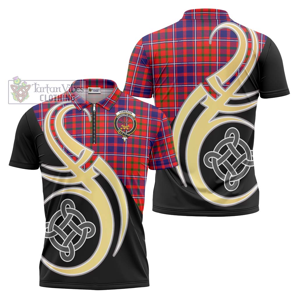 Tartan Vibes Clothing Cameron of Lochiel Modern Tartan Zipper Polo Shirt with Family Crest and Celtic Symbol Style