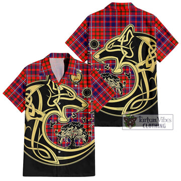 Cameron of Lochiel Modern Tartan Short Sleeve Button Shirt with Family Crest Celtic Wolf Style