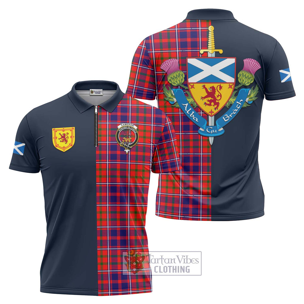 Tartan Vibes Clothing Cameron of Lochiel Modern Tartan Zipper Polo Shirt with Scottish Lion Royal Arm Half Style