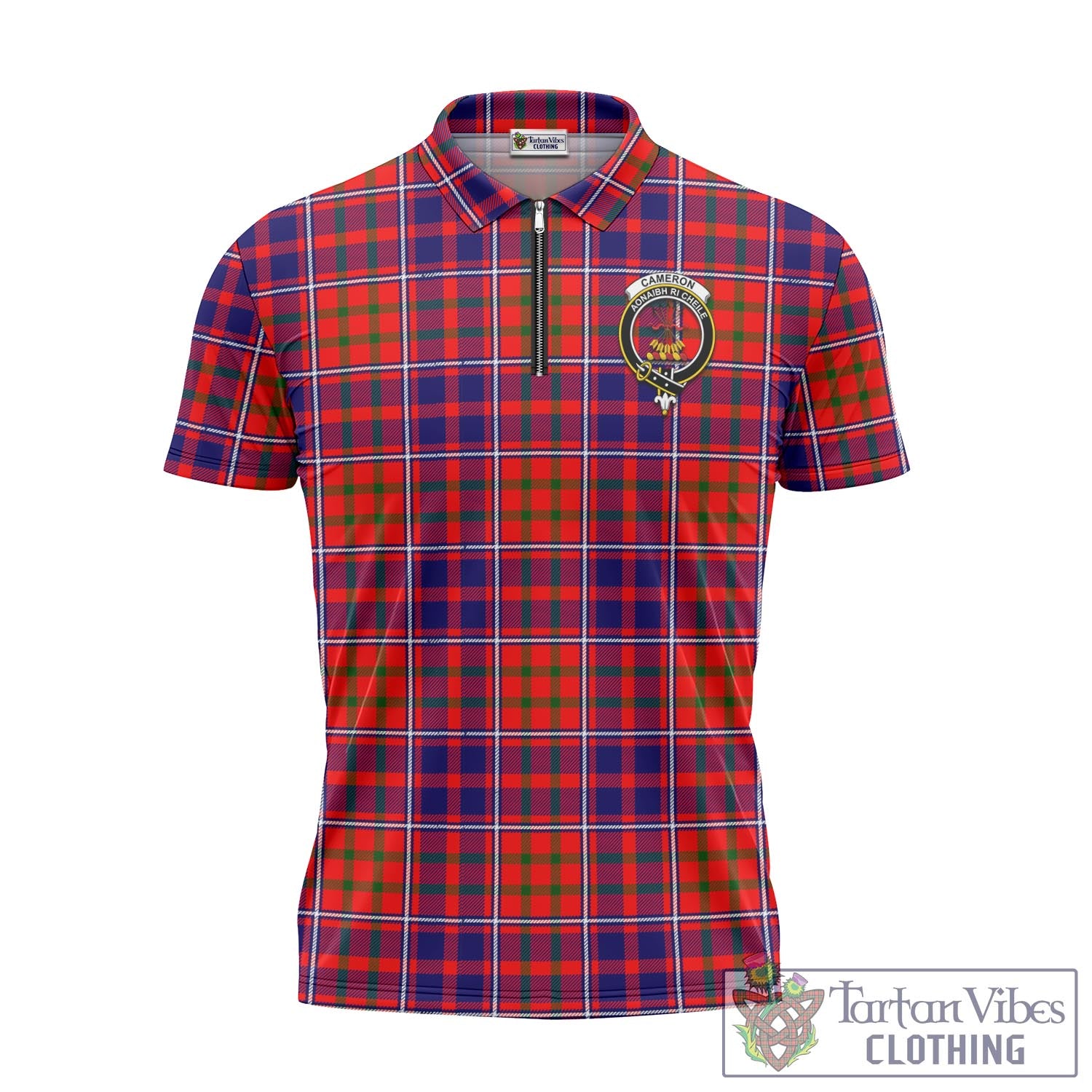 Tartan Vibes Clothing Cameron of Lochiel Modern Tartan Zipper Polo Shirt with Family Crest