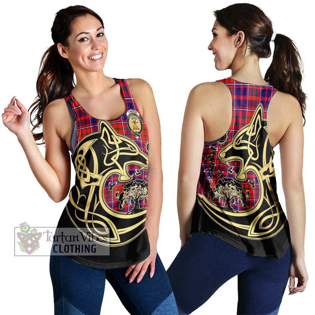 Cameron of Lochiel Modern Tartan Women's Racerback Tanks with Family Crest Celtic Wolf Style 4XL - Tartan Vibes Clothing