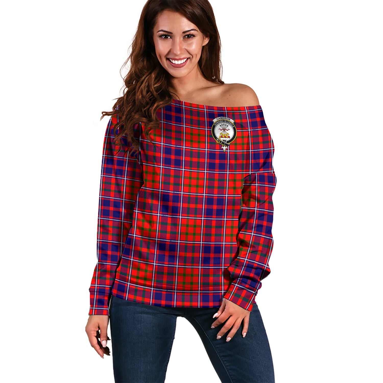 Cameron of Lochiel Modern Tartan Off Shoulder Women Sweater with Family Crest Women - Tartanvibesclothing