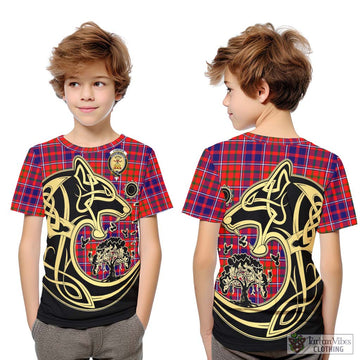 Cameron of Lochiel Modern Tartan Kid T-Shirt with Family Crest Celtic Wolf Style