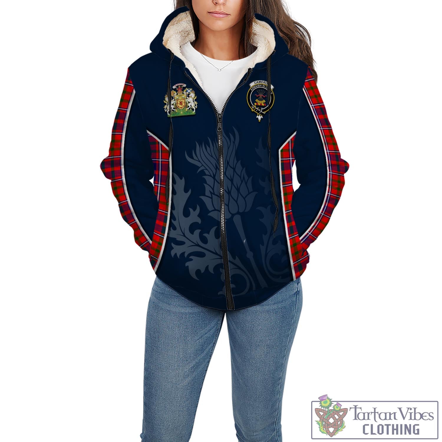 Tartan Vibes Clothing Cameron of Lochiel Modern Tartan Sherpa Hoodie with Family Crest and Scottish Thistle Vibes Sport Style