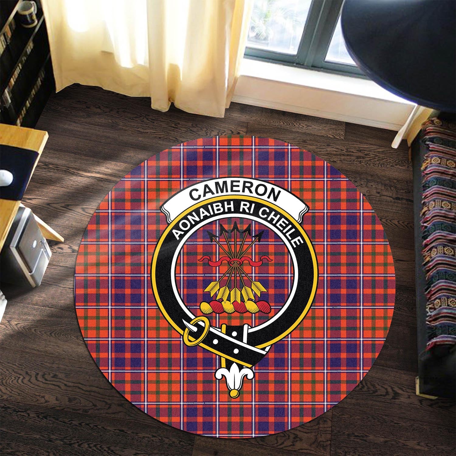 Cameron of Lochiel Modern Tartan Round Rug with Family Crest - Tartanvibesclothing