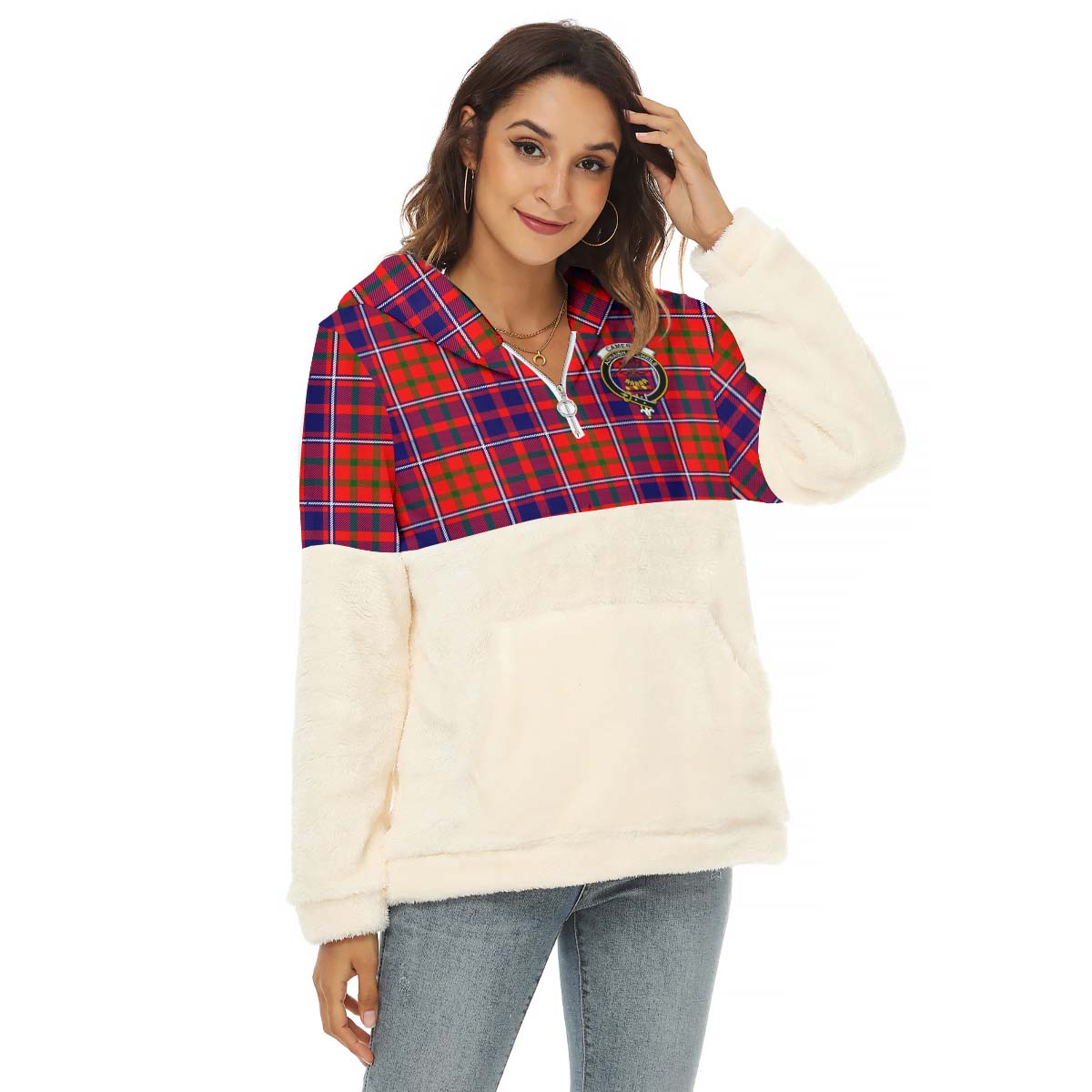 Cameron of Lochiel Modern Tartan Women's Borg Fleece Hoodie With Half Zip with Family Crest Female - Tartan Vibes Clothing