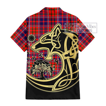 Cameron of Lochiel Modern Tartan Short Sleeve Button Shirt with Family Crest Celtic Wolf Style