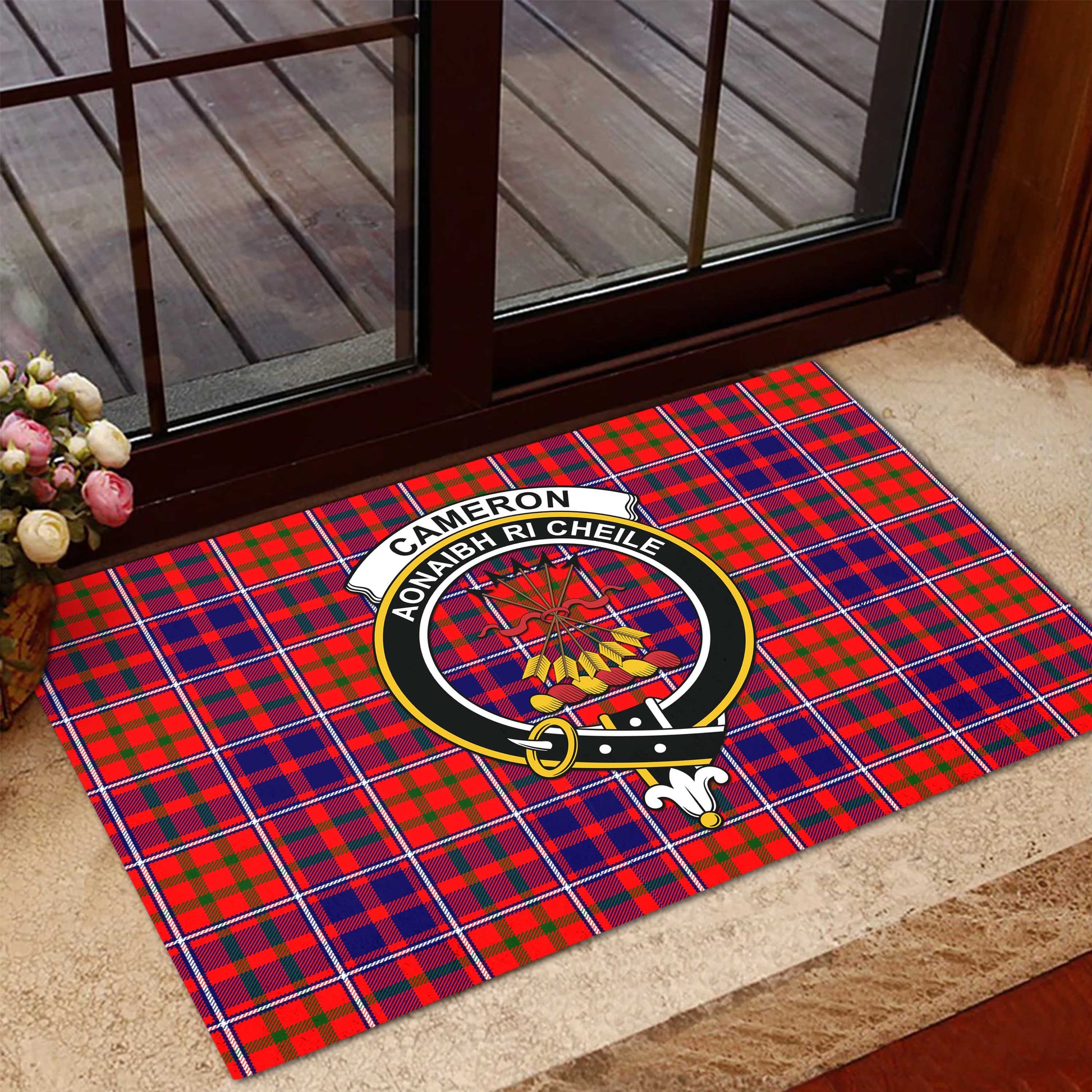 Cameron of Lochiel Modern Tartan Door Mat with Family Crest - Tartanvibesclothing