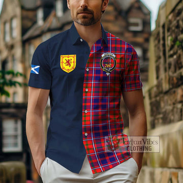 Cameron of Lochiel Modern Tartan Short Sleeve Button Shirt Alba with Scottish Lion Royal Arm Half Style