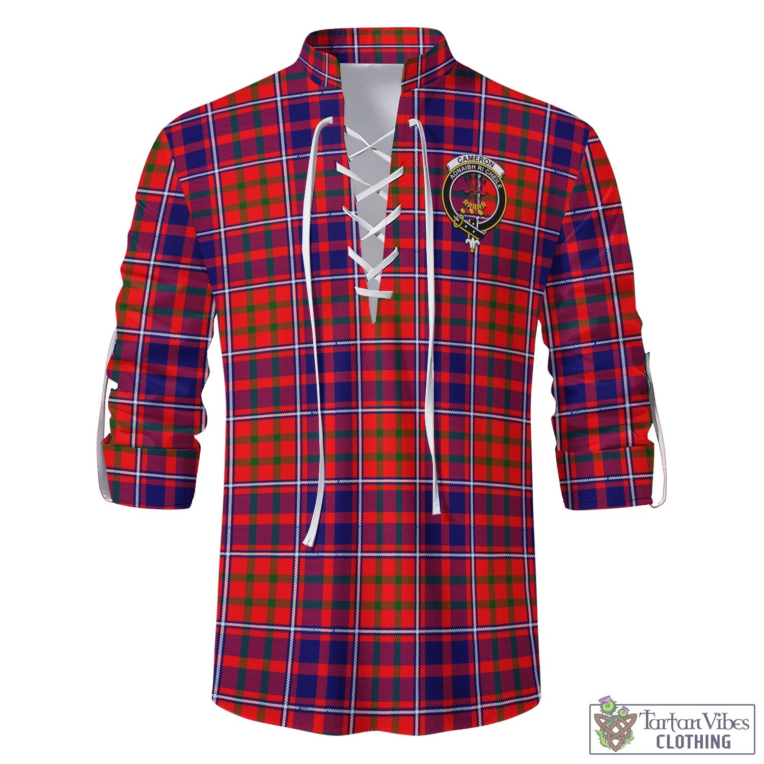 Tartan Vibes Clothing Cameron of Lochiel Modern Tartan Men's Scottish Traditional Jacobite Ghillie Kilt Shirt with Family Crest