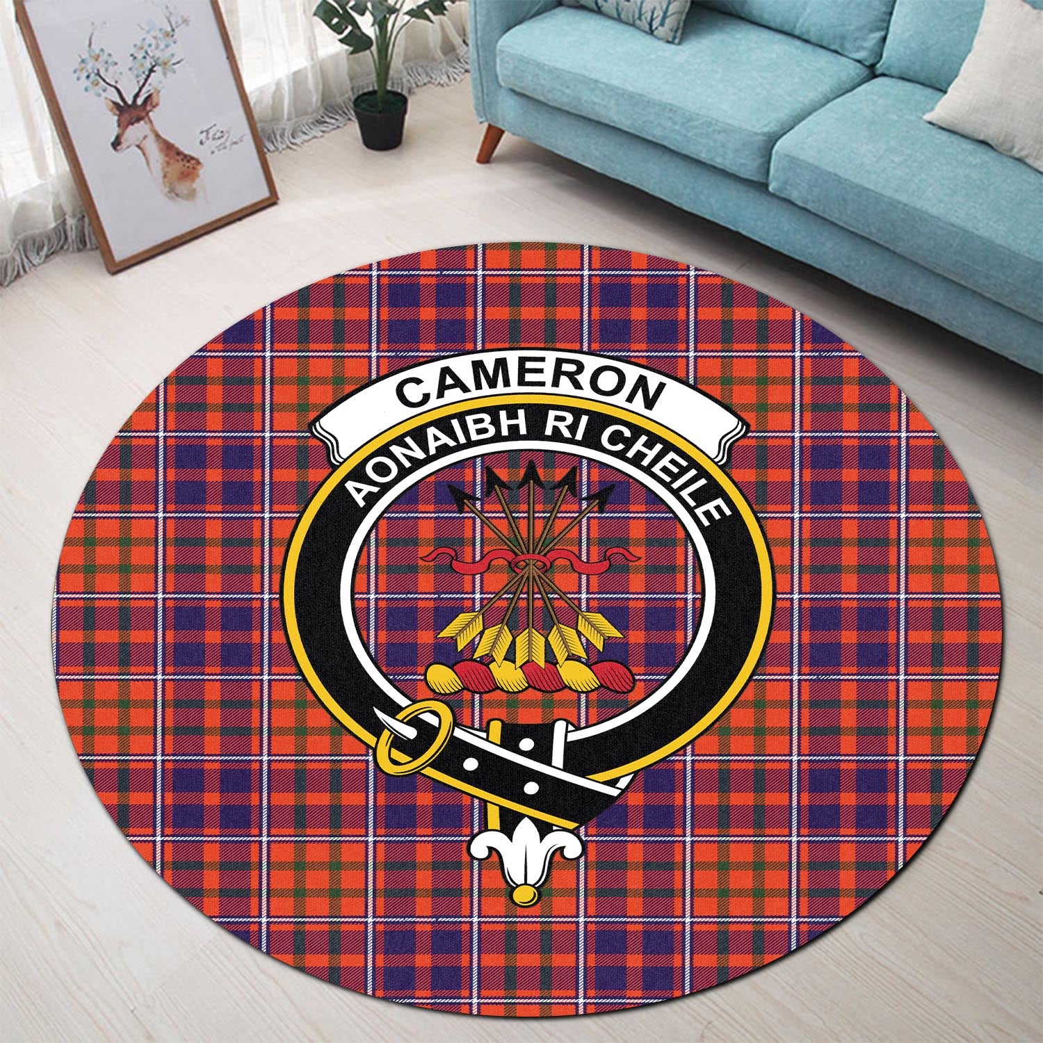 Cameron of Lochiel Modern Tartan Round Rug with Family Crest - Tartanvibesclothing