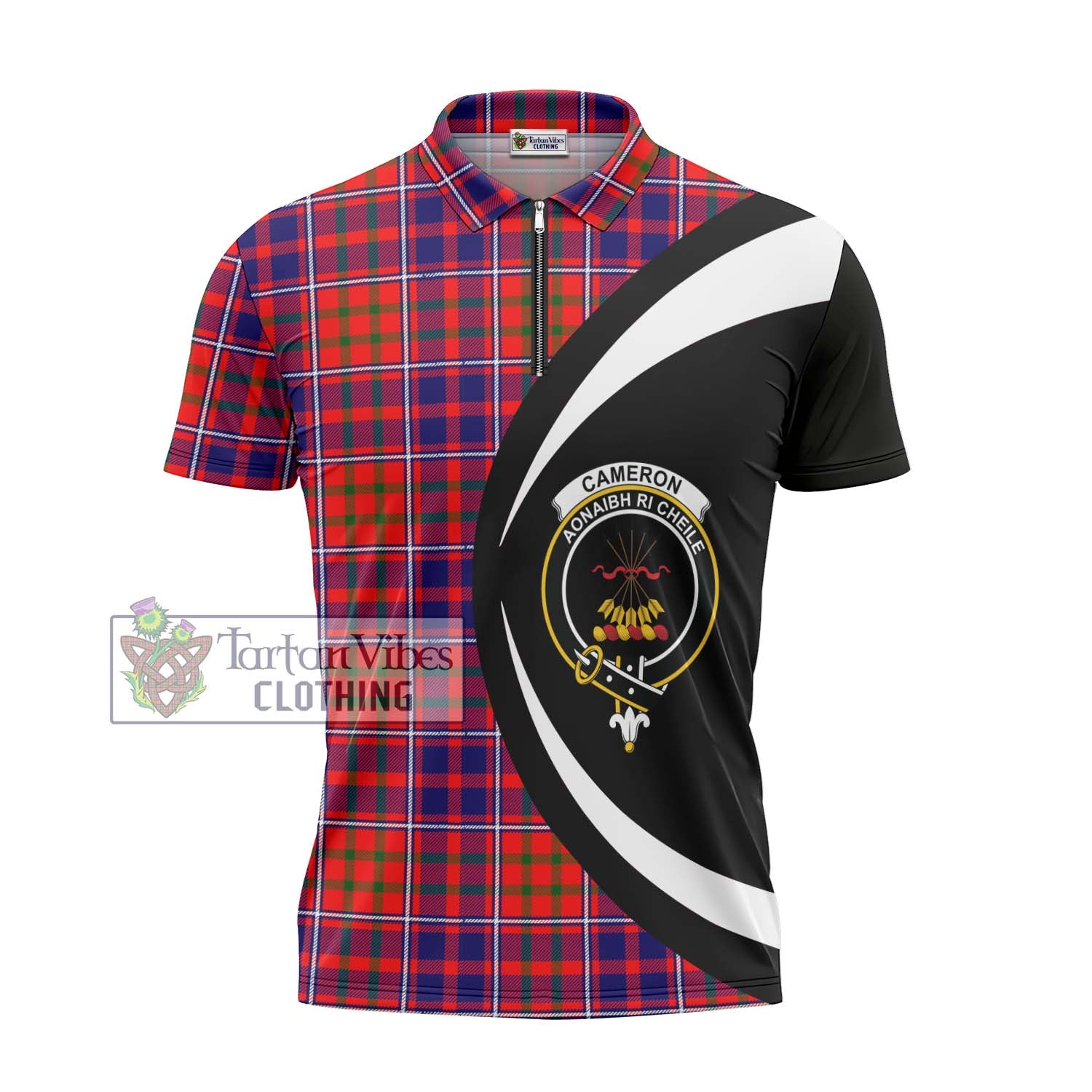 Tartan Vibes Clothing Cameron of Lochiel Modern Tartan Zipper Polo Shirt with Family Crest Circle Style