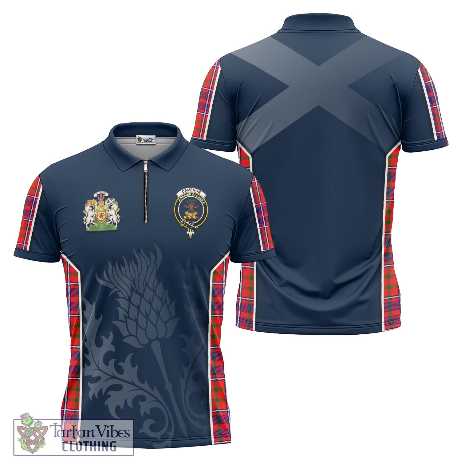 Tartan Vibes Clothing Cameron of Lochiel Modern Tartan Zipper Polo Shirt with Family Crest and Scottish Thistle Vibes Sport Style