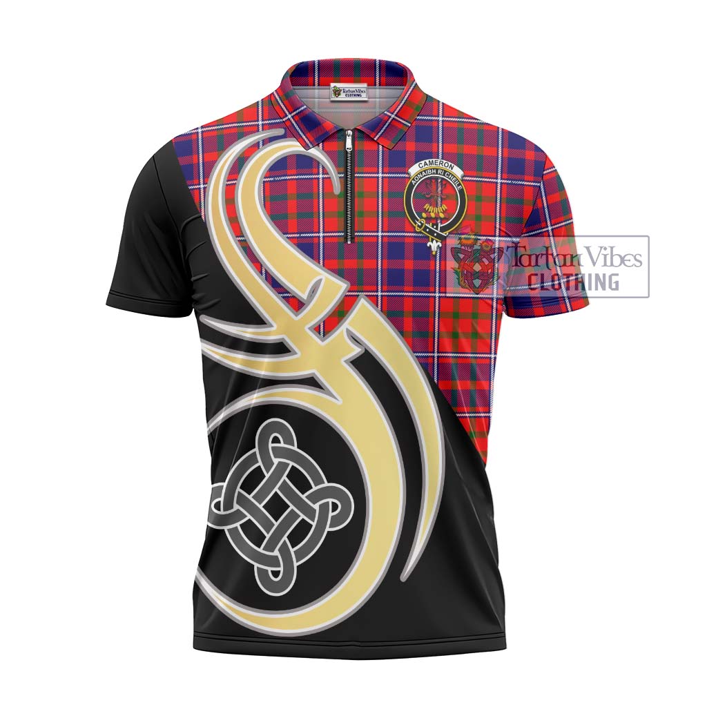 Tartan Vibes Clothing Cameron of Lochiel Modern Tartan Zipper Polo Shirt with Family Crest and Celtic Symbol Style