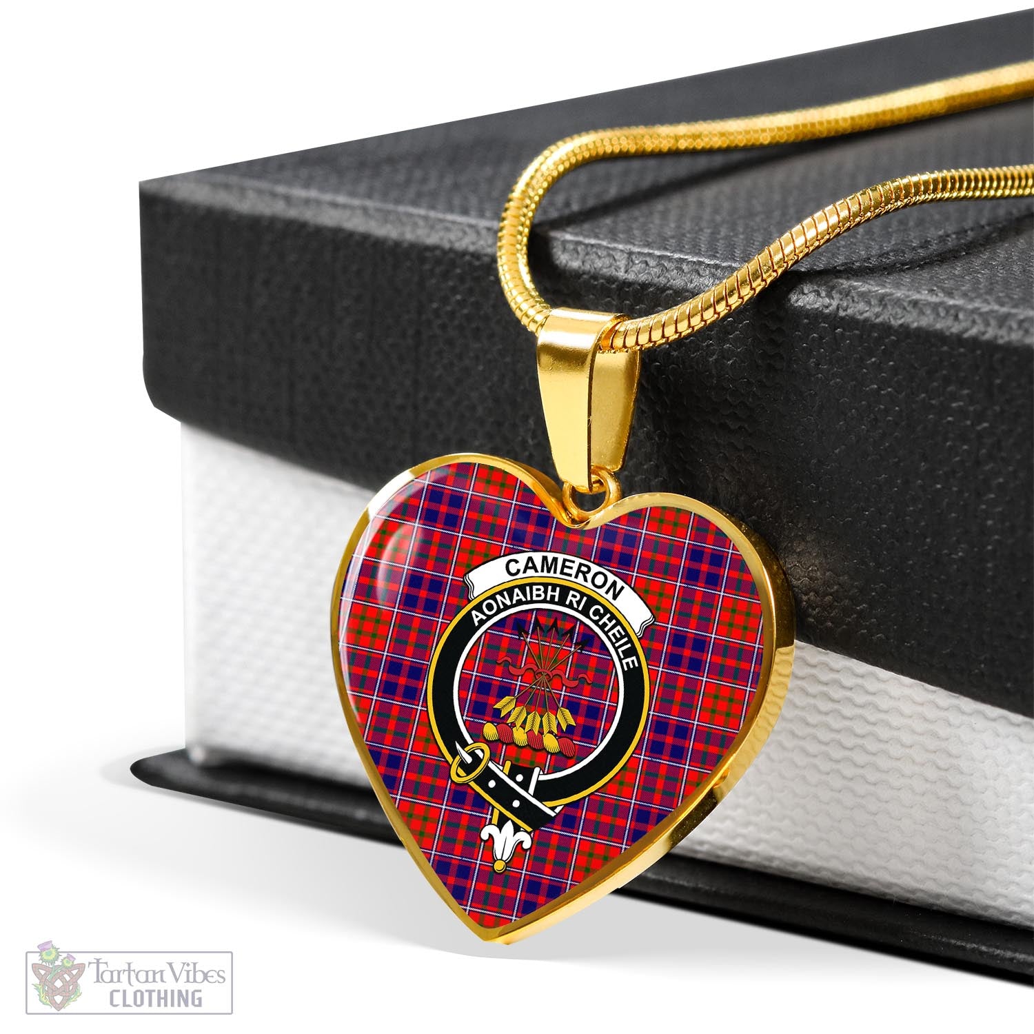 Tartan Vibes Clothing Cameron of Lochiel Modern Tartan Heart Necklace with Family Crest