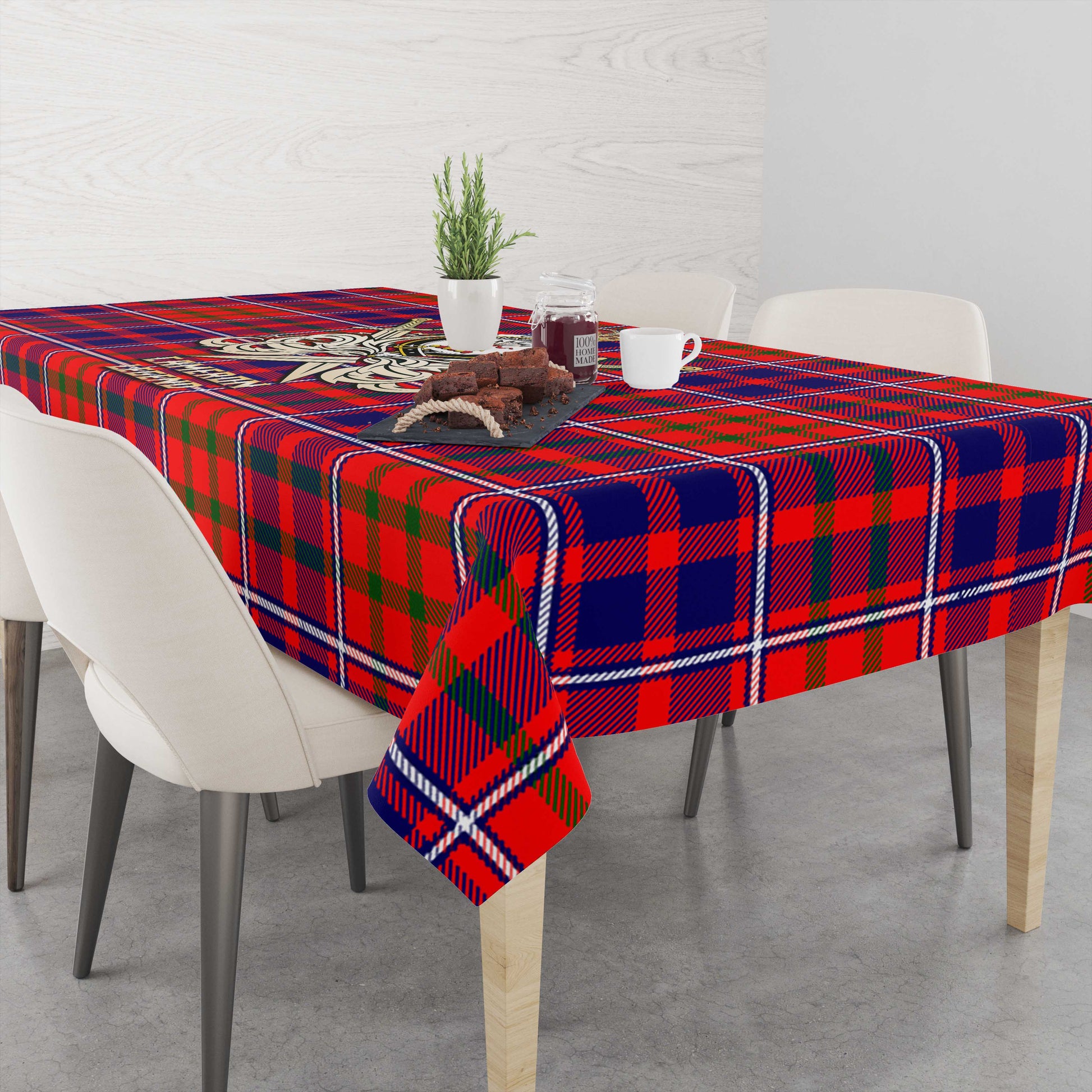 Tartan Vibes Clothing Cameron of Lochiel Modern Tartan Tablecloth with Clan Crest and the Golden Sword of Courageous Legacy