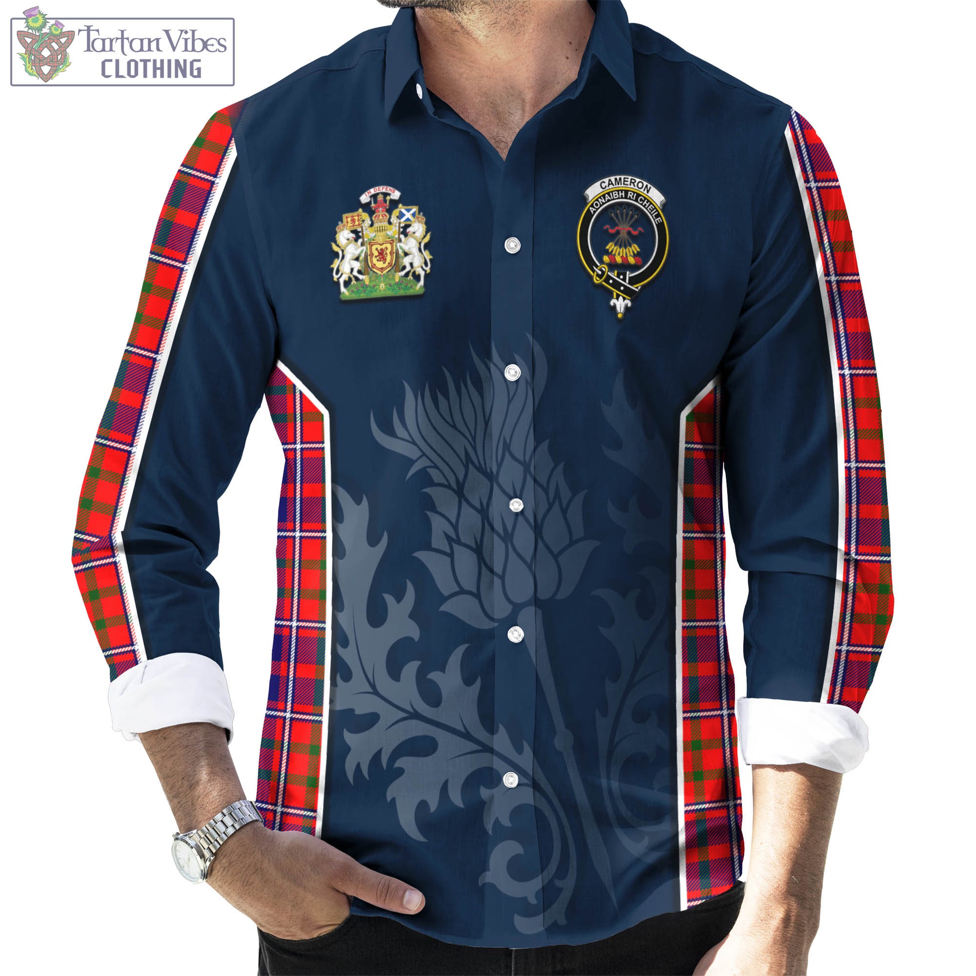 Tartan Vibes Clothing Cameron of Lochiel Modern Tartan Long Sleeve Button Up Shirt with Family Crest and Scottish Thistle Vibes Sport Style