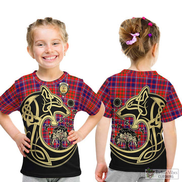 Cameron of Lochiel Modern Tartan Kid T-Shirt with Family Crest Celtic Wolf Style