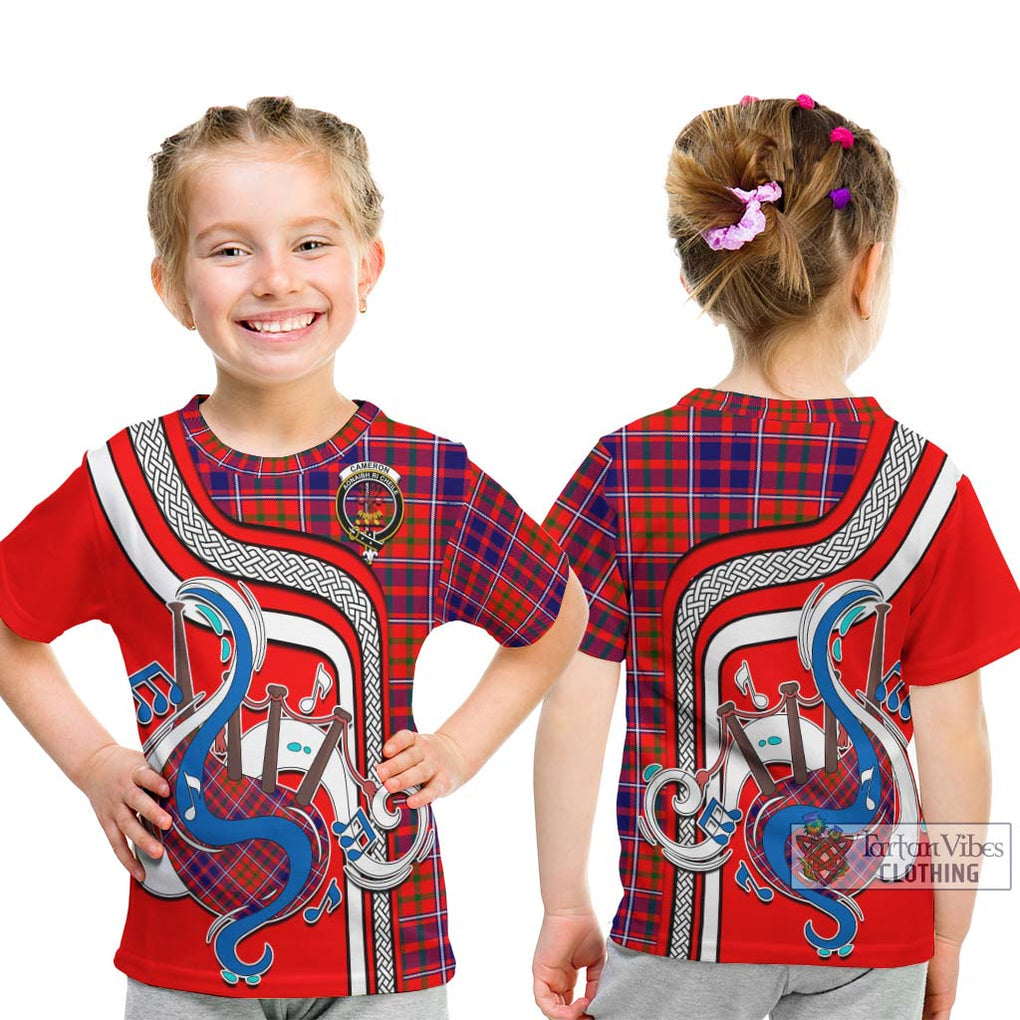 Tartan Vibes Clothing Cameron of Lochiel Modern Tartan Kid T-Shirt with Epic Bagpipe Style