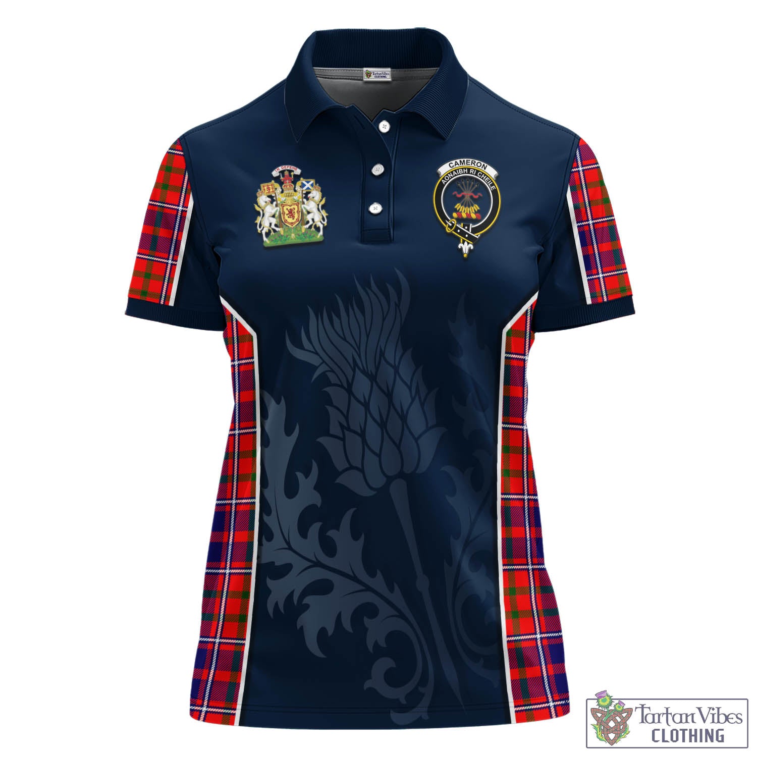 Tartan Vibes Clothing Cameron of Lochiel Modern Tartan Women's Polo Shirt with Family Crest and Scottish Thistle Vibes Sport Style