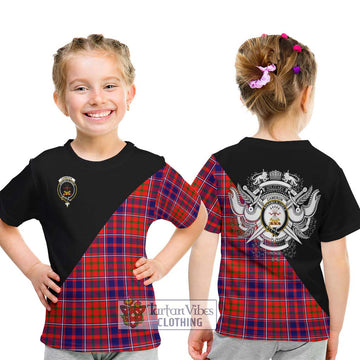 Cameron of Lochiel Modern Tartan Kid T-Shirt with Family Crest and Military Logo Style