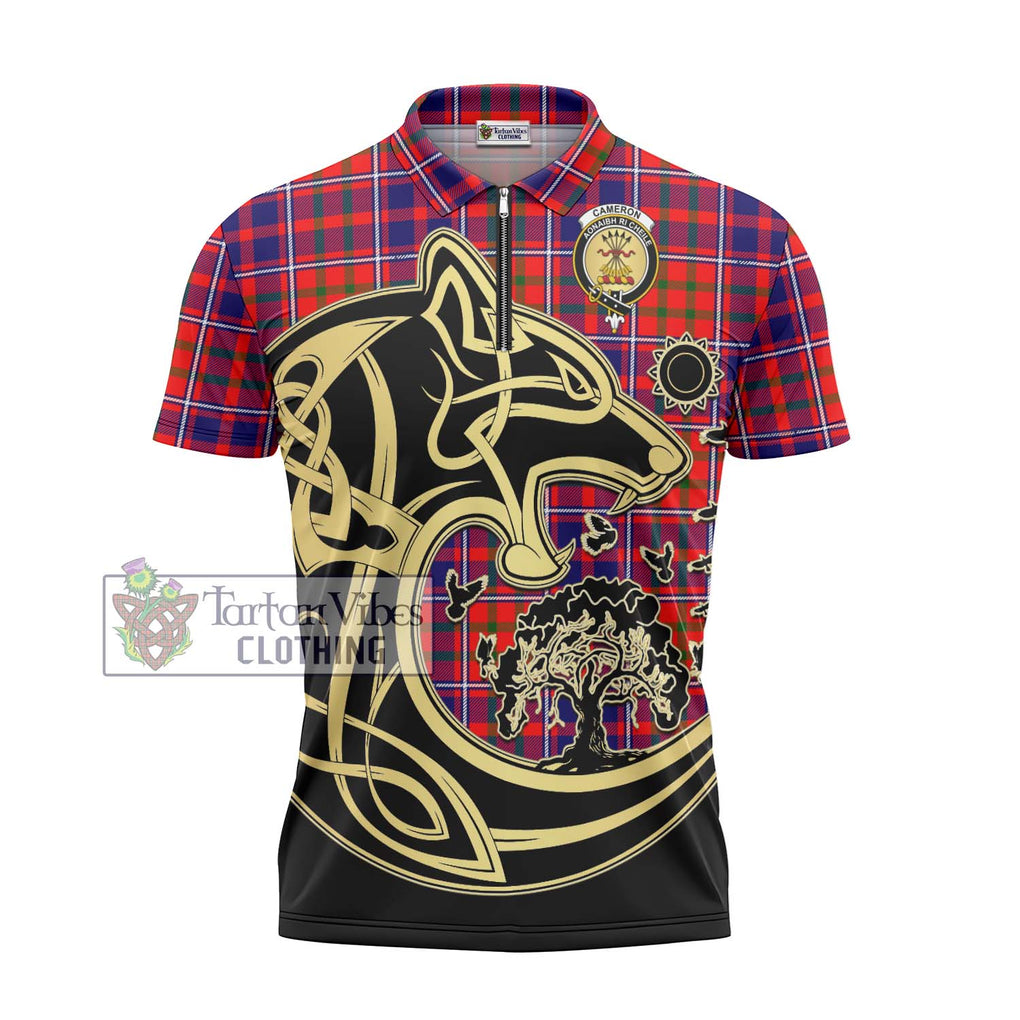 Cameron of Lochiel Modern Tartan Zipper Polo Shirt with Family Crest Celtic Wolf Style - Tartanvibesclothing Shop